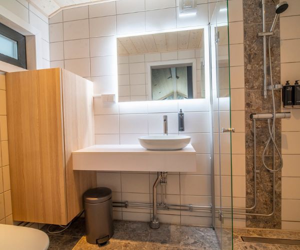 Salle de bain moderne et compacte d’une tiny house Doxar en bois.